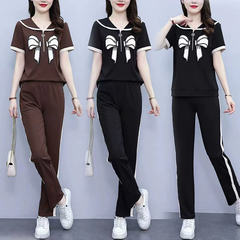 Летний повседневный костюм с бантом интернет-знаменитостей, новый свободный пояс для живота, уменьшающий возраст, комплект из двух предметов