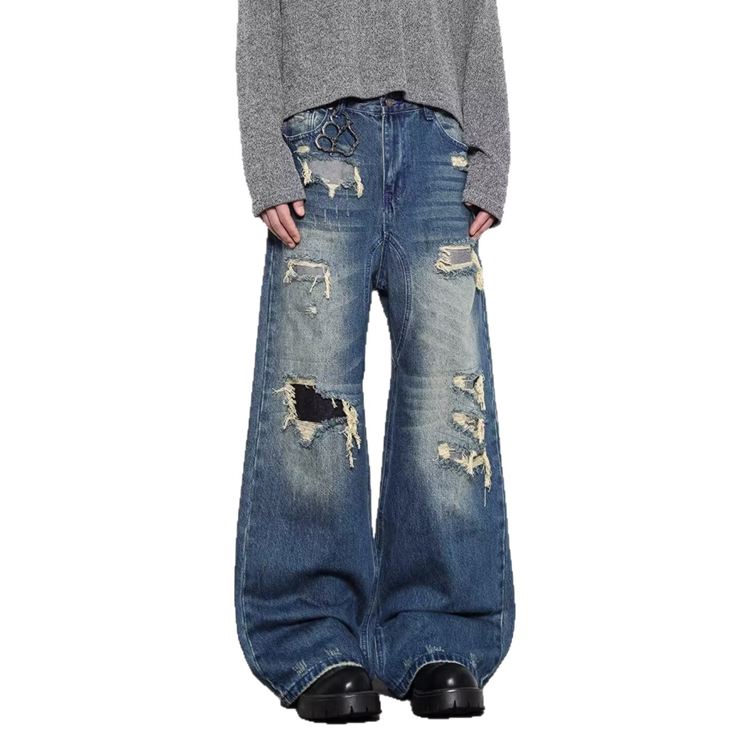 Men's High-End Retro Distressed Ripped Camouflage Patchwork Wide Leg Jeans Loose Fit Floor Length Pants_mkmklike.com