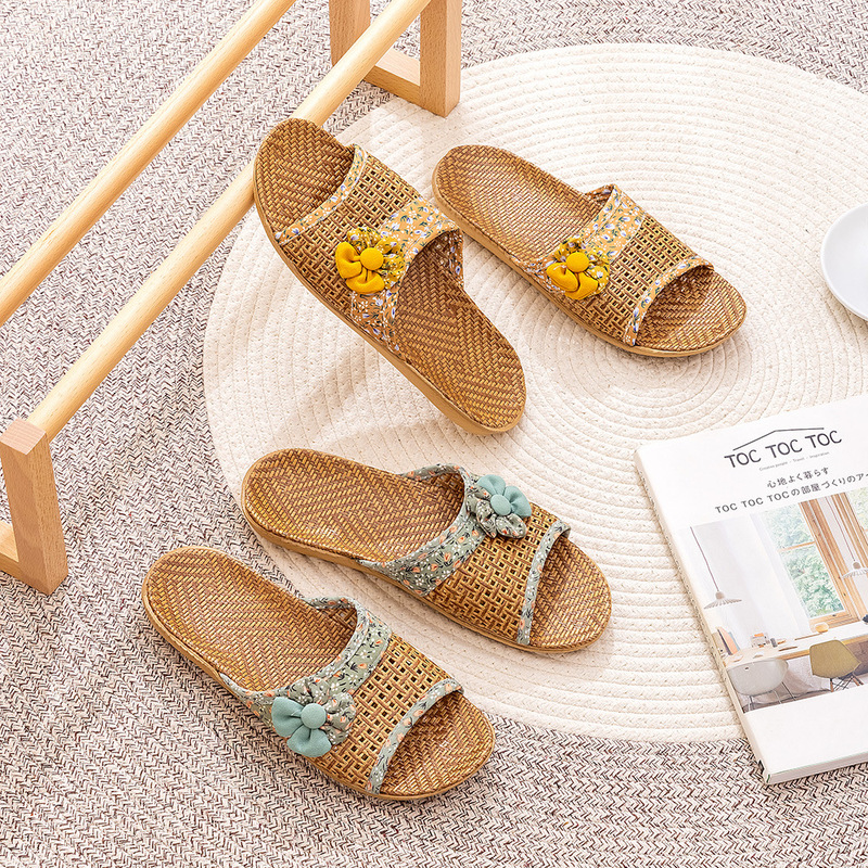New Summer Bamboo Mat Women's Linen Slippers Home Wood Floor Couple Home Straw Mat Indoor Breathable Sandals