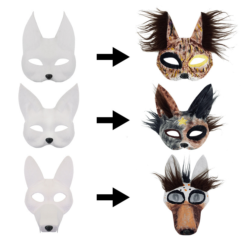 Máscara de zorro gato máscara DIY máscara de papel blanco máscara de gato con piel pegatinas de malla de ojos máscara de pulpa para Halloween