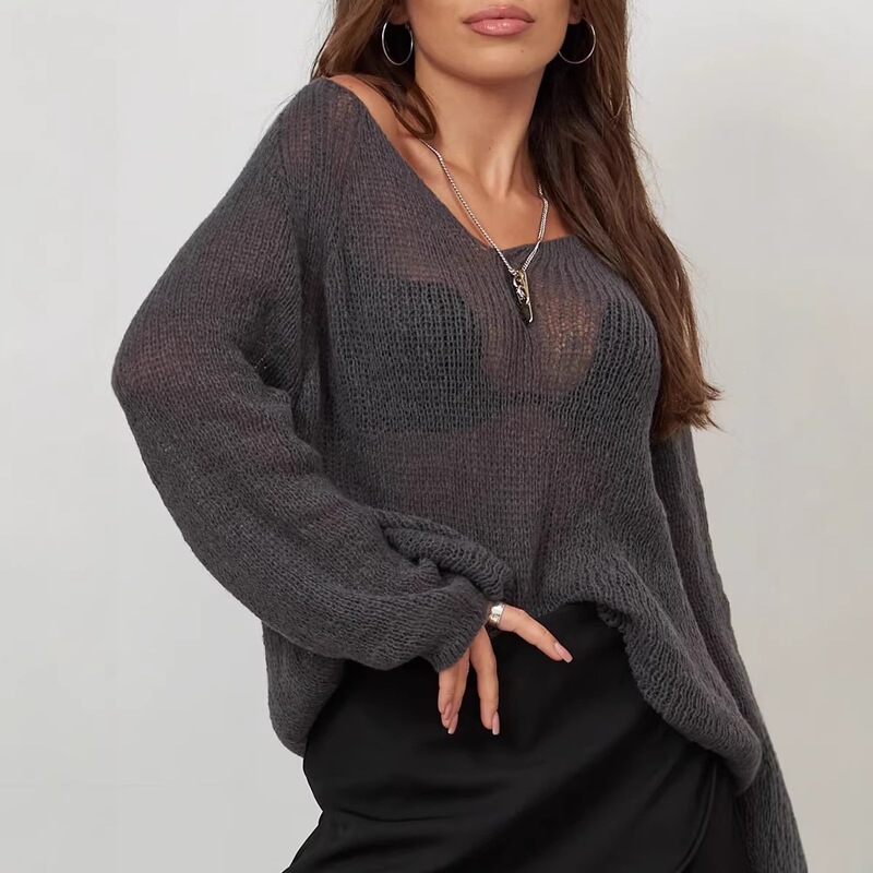 European and American foreign trade cross-border 2026 spring-summer knitted sunscreen shirt, V-neck, solid color, hollowed-out, sexy, thin cover-up knitwear European and American foreign trade cross-border 2026 spring-summer knitted sunscreen shirt, V-neck, solid color, hollowed-out, sexy, thin cover-up knitwear