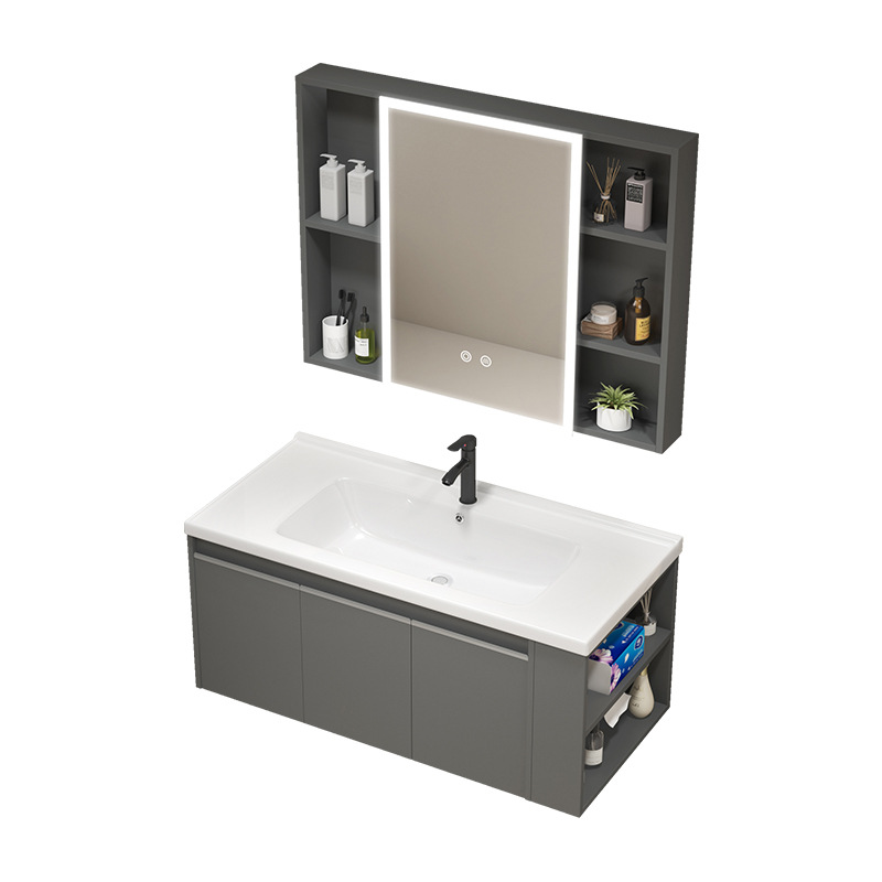 gabinete de baño de panal de aluminio espacial combinado con cuadrícula de borde integrado lavabo cerámico lavabo gabinete estante de almacenamiento lateral