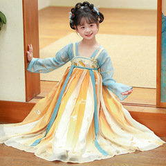 2025新型の漢服の女の子の秋のパジャマのスカートの時代の中国風の子供服の超仙のワンピースの子供の唐は秋の金を詰めます。