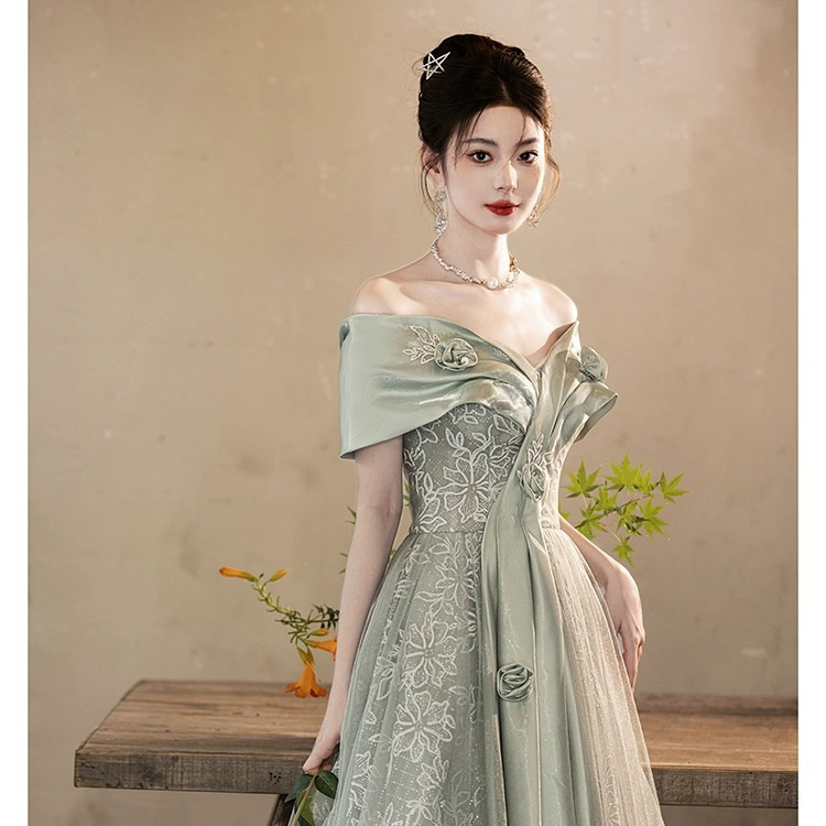 Vestido de noche para examen de canto estudiantil, estilo nuevo 2026, con hombros descubiertos, largo y elegante, para sesión de fotos de graduación