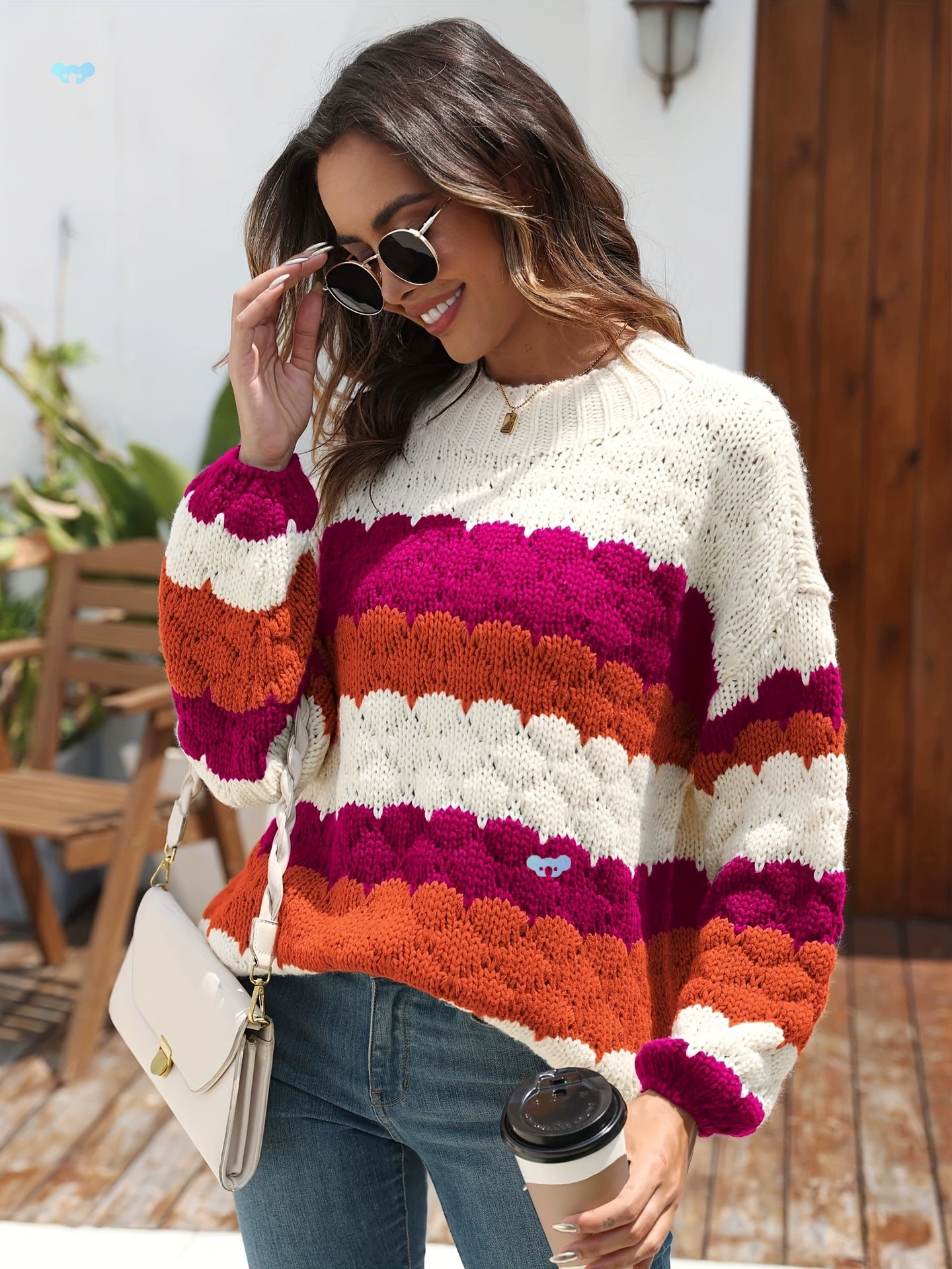 Женский свитер 2024 года с круглым вырезом, длинным рукавом и полосатым цветом для кросс-бордерной торговли