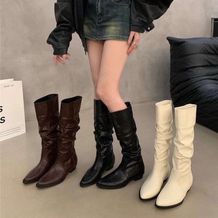 2025 New Autumn and Winter Slouch Boots for Women, Height-Increasing Knee-High Boots, Versatile Square-Toe Riding Boots