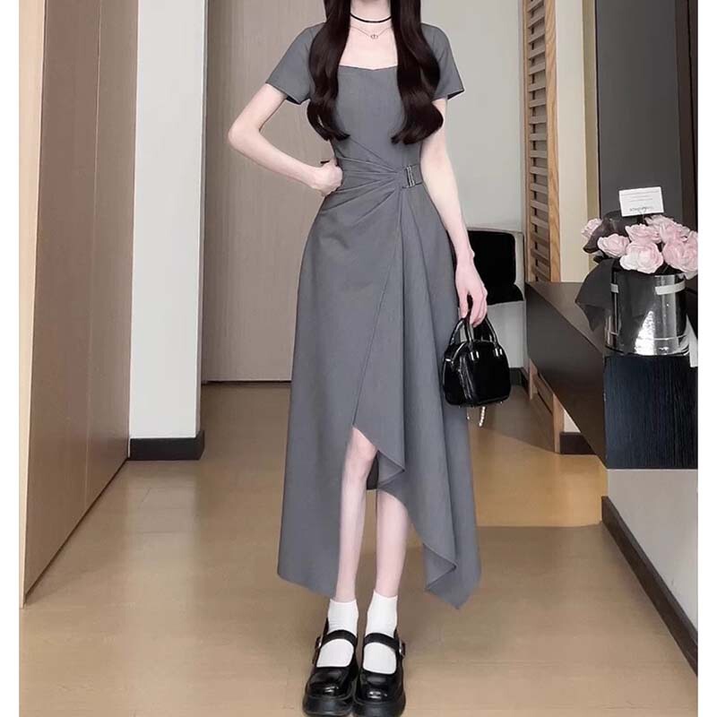 French-Style Gray Dress for Women, Summer 2025 New Model, Petite, Stunning, Beautiful, Waist-Cinching, Very Attractive Long Dress