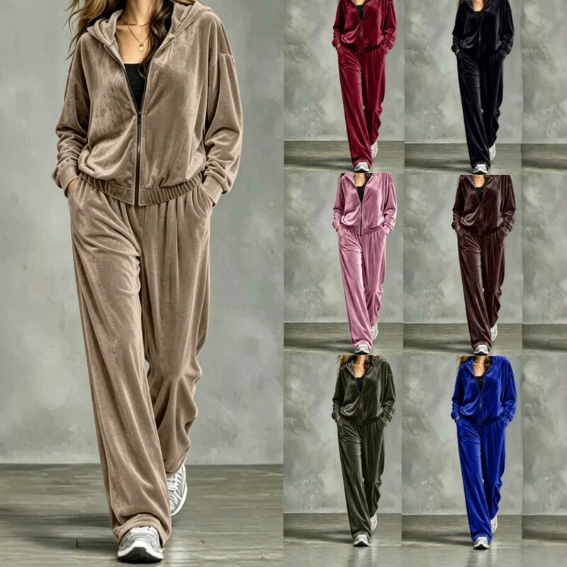 2026 New European and American Cross-Border Korean Velvet Solid Color Fashion Casual Zipper Set Long-Sleeve Long Pants Hooded Two-Piece Set 2026 New European and American Cross-Border Korean Velvet Solid Color Fashion Casual Zipper Set Long-Sleeve Long Pants Hooded Two-Piece Set