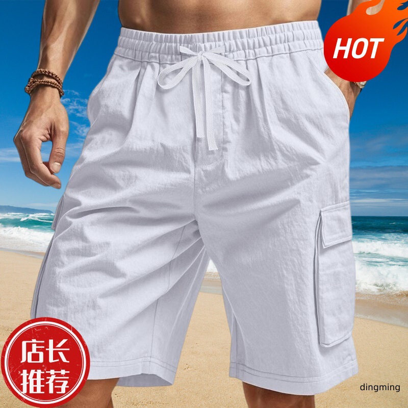Cross-border European and American summer men's shorts, skin-friendly, breathable, linen, loose-fitting, workwear style, with multiple pockets, suitable for jogging, casual wear, and beach outings Cross-border European and American summer men's shorts, skin-friendly, breathable, linen, loose-fitting, workwear style, with multiple pockets, suitable for jogging, casual wear, and beach outings