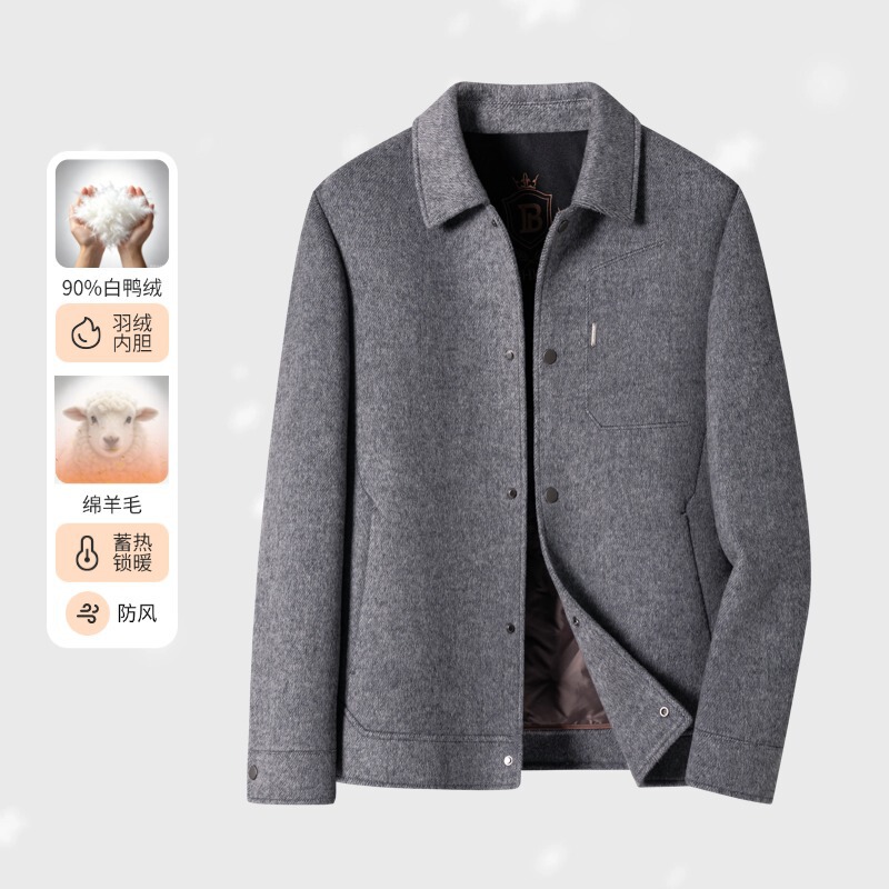 Autumn and Winter Men's Workwear Style Double-Sided Woolen Jacket with Removable White Duck down Lining and Turn-Down Collar Autumn and Winter Men's Workwear Style Double-Sided Woolen Jacket with Removable White Duck down Lining and Turn-Down Collar