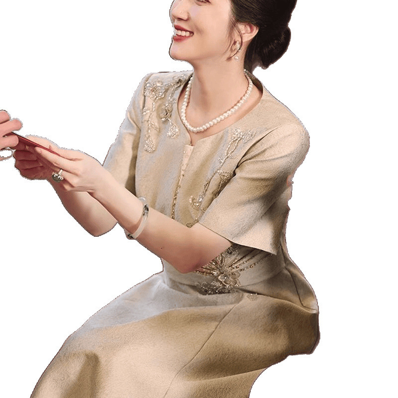 年轻妈妈改良连衣裙中年喜婆婆日常婚宴礼服小个子妈妈裙夏季新款|undefined