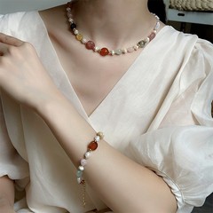 オリジナルキャンディー色天然石鎖チェーンネックレス女小衆淡水真珠ブレスレット高級感アクセサリーセット