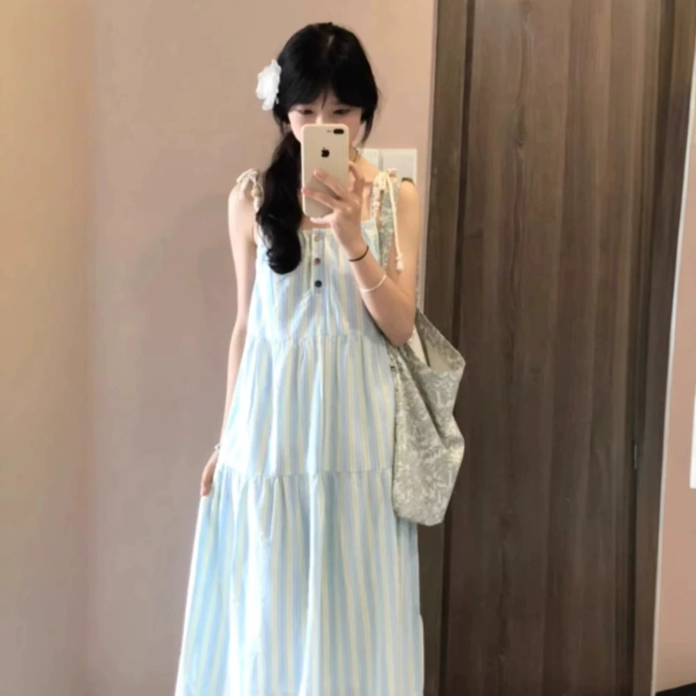 Пляжное платье-сарафан в полоску для женщин, лето 2025, новый французский стиль, свободная длинная юбка для невысоких