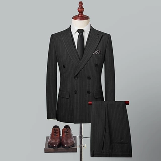 男西服套装灰色条纹双排扣三件套结婚伴郎礼服职业装商务休闲时尚