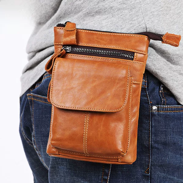 Factory Direct Sales New Outdoor Casual Korean Style Men's Genuine Leather Waist Bag First Layer Cowhide Multi-Functional Zipper Crossbody Bag