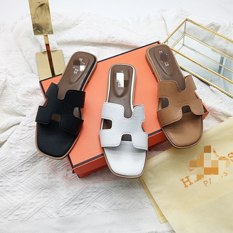 H Slip Flops Leather Women's Shoes Flat Bottom European and American Big Brand Women's Sandals and Slippers slippers New Cross-border