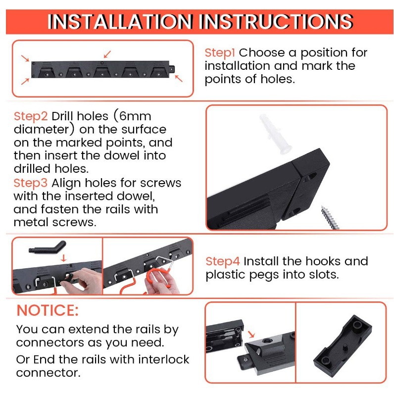 Gancho de garaje transfronterizo, tablero de pared, gancho de metal, fregona, herramienta de almacenamiento de pala, almacenamiento de herramientas de jardín de almacén