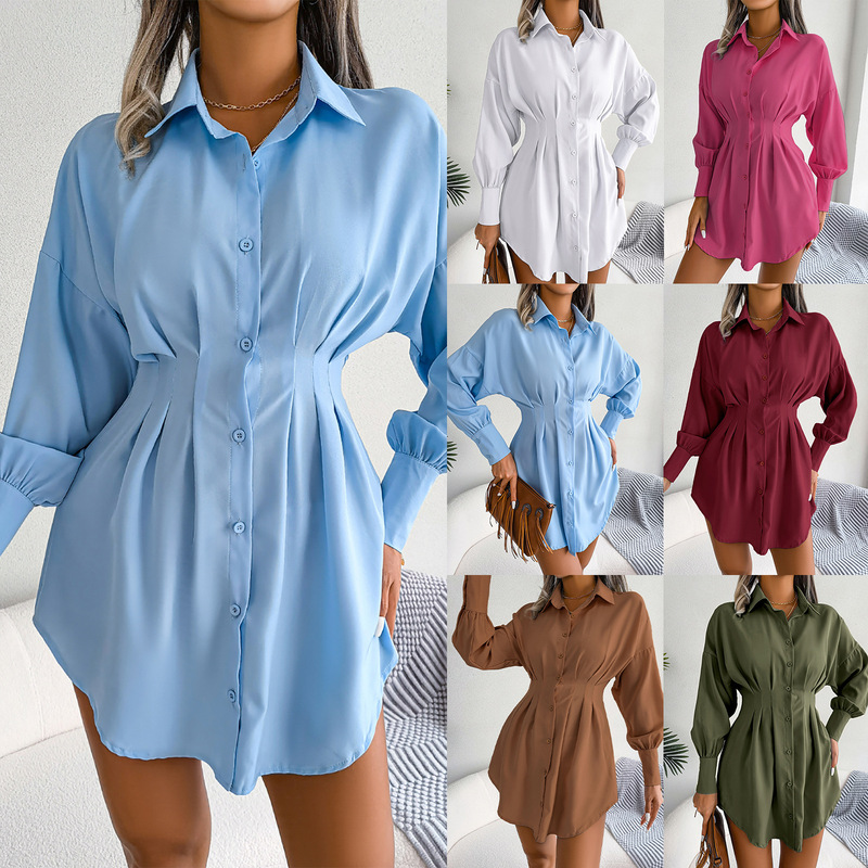 Ins Style Real Shot Spring and Summer Casual Lantern Sleeve Waist Asymmetric Dress Shirt Dress Amazon Cross-Border Women's Clothing