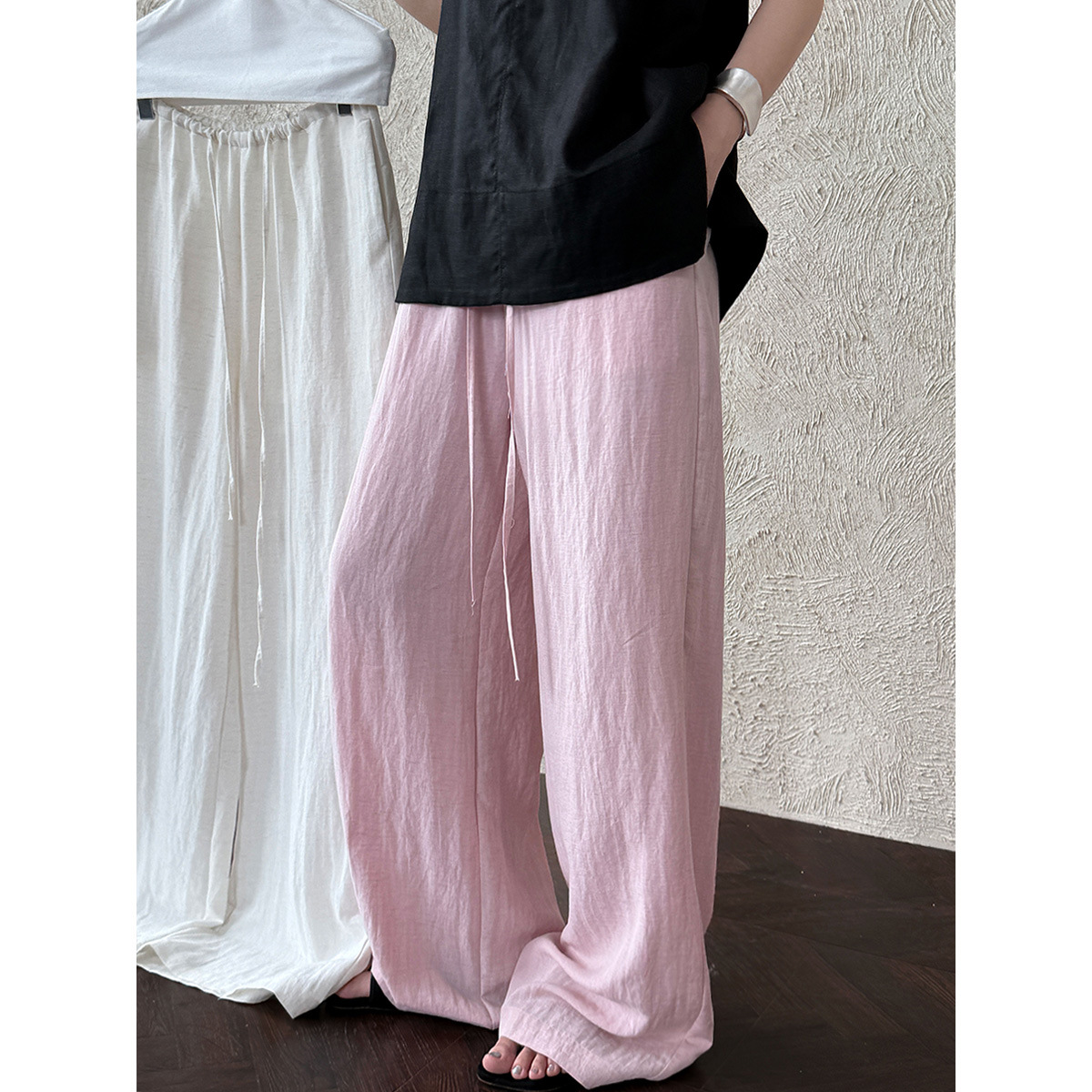 Lusi テンセルリネン弾性ウエストリラックスワイドレッグパンツ女性のズボン夏軽くて涼しいカジュアルパンツ 3630