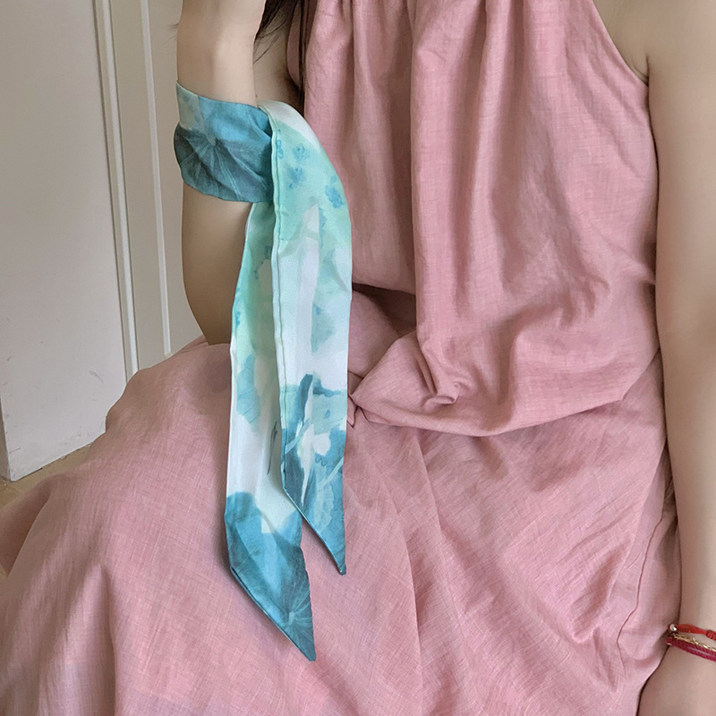 Bufandas de seda largas correa de cabello para mujeres primavera y verano versátil pintura al óleo coreana decoración de bufandas de pañuelo bolsa de correa de cabello adornamiento para el cabello