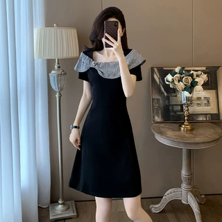 深圳南油品质法式拼接小个子连衣裙女夏季气质一字领洋气小黑裙