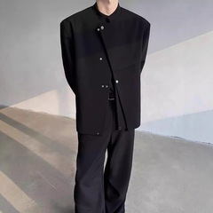 2025黑色新中式立领西装外套男高级感中山装垫肩廓形西服