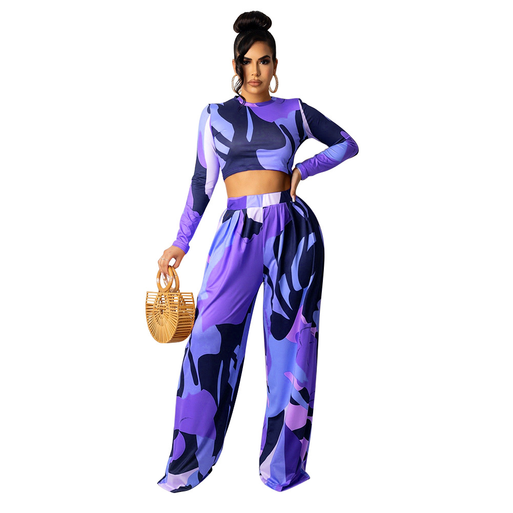 women s long-sleeved top with bell bottoms digital printing two-piece suit nihaostyles clothing wholesale NSOSD79488