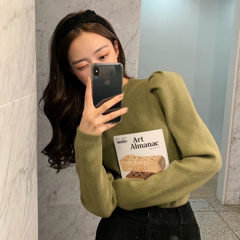 Винтажный свитер с пышными рукавами, женская новая осенне-зимняя верхняя одежда 2023 года, пуловер, вязаная Базовая рубашка с длинным рукавом и половинным вырезом