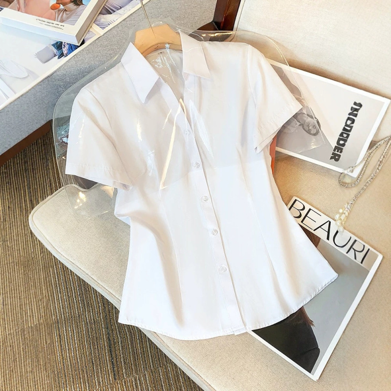 White Shirt for Women, Summer Thin Style, Workwear, Formal Wear, Professional Interview Shirt, Slim Fit, Elegant Short-Sleeve Top, Work Uniform