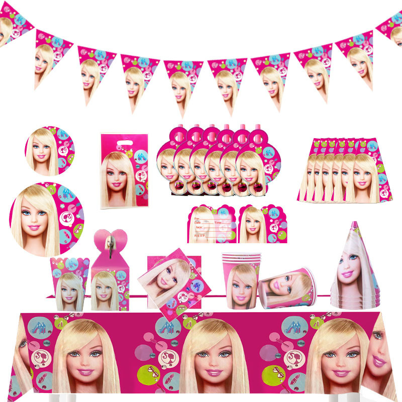 Barbie-themed party decoration set, including disposable tableware, paper plates, and napkins, perfect for a girl's birthday party