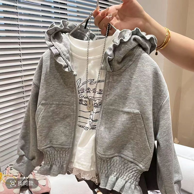 Girls' Casual Style 2025 Waist-Cinched Lace Jacket Short Cardigan Hooded Miu Zipper Children's Sweatshirt with Hood Autumn Outfit Girls' Casual Style 2025 Waist-Cinched Lace Jacket Short Cardigan Hooded Miu Zipper Children's Sweatshirt with Hood Autumn Outfit