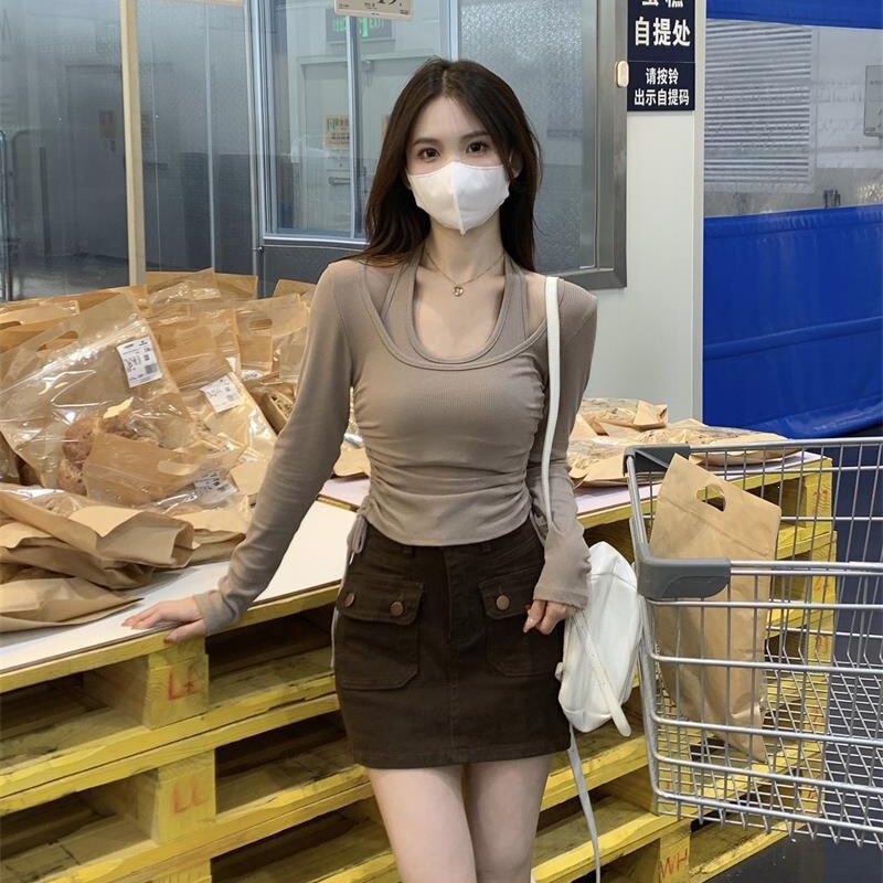 Korean Style New Autumn Personalized Halter Neck Long-Sleeve T-Shirt Women's Fashion Ins Chic Figure-Flattering Base Shirt Two-Piece Set Wholesale