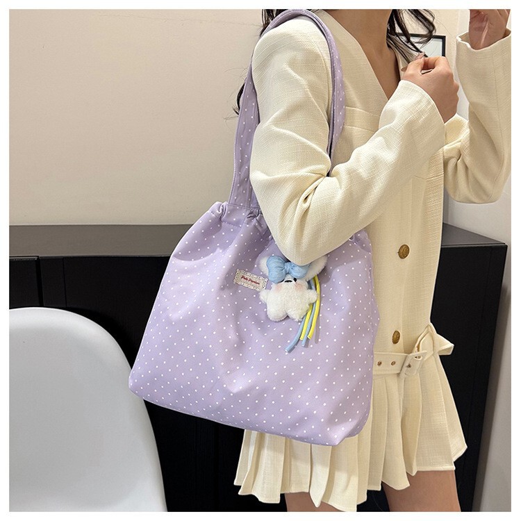 Taro purple polka dot tote bag, Korean style, suitable for girls' summer vibe, versatile bag for shopping and outings