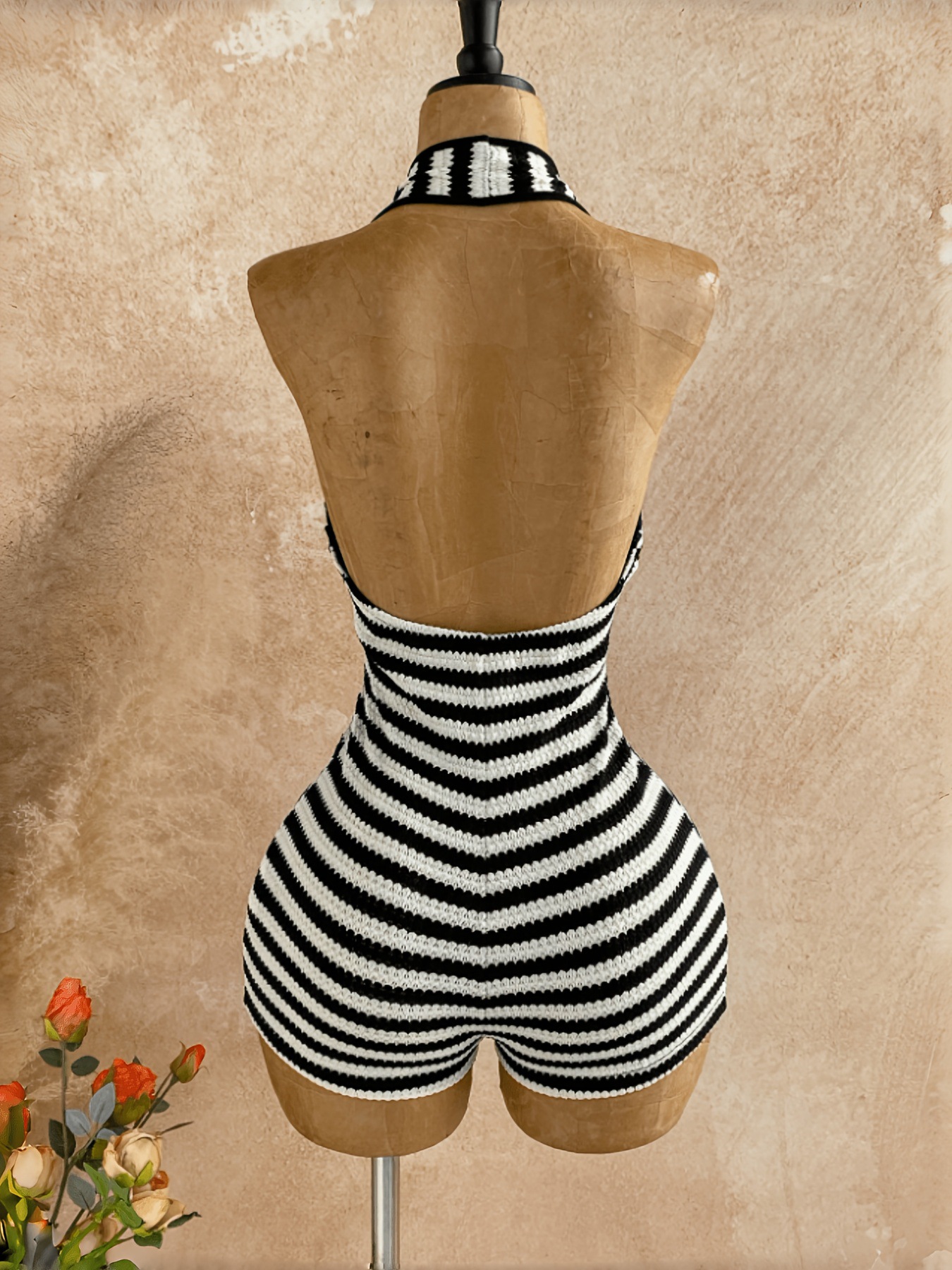 Black & White Striped Halter Neck Bodysuit - Cutout Design Jumpsuit For Women, Sexy Backless Summer Outfit With Waist Accent_ecoleips.com
