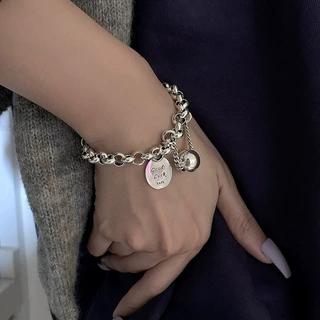 S925银批发韩版幸运条吊牌小圆球手链女嘻哈冷淡风蹦迪时尚气质
