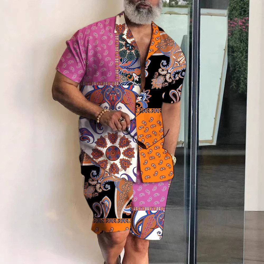 외국 무역 반팔 셔츠 세트 남자의 여름 민족 스타일 복고풍 셔츠 해변 휴가 캐주얼 세트 가정 의류