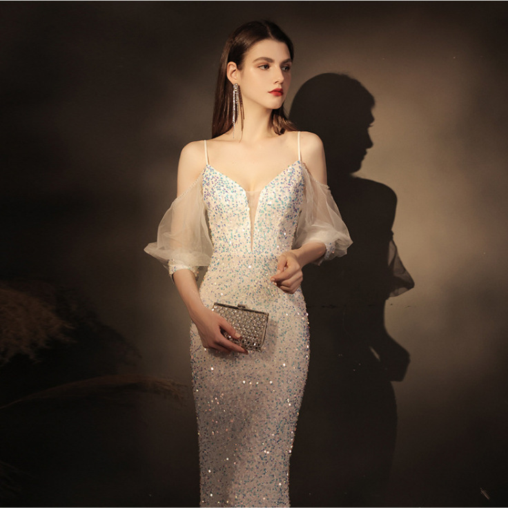 Long Dress 2026 New Sequin Slim Fit Fishtail Dress Wedding Toast Dress Annual Meeting Host Evening Dress for Women