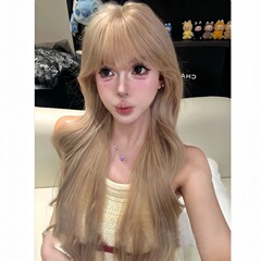 kuku公主同款假发女长发刘海女团时尚自然整顶金沙色仿真发全头套