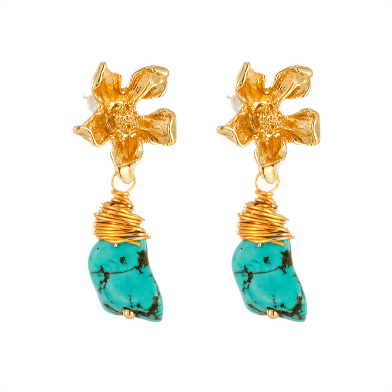 fashion copper-plated 14k real gold natural stone retro turquoise earrings