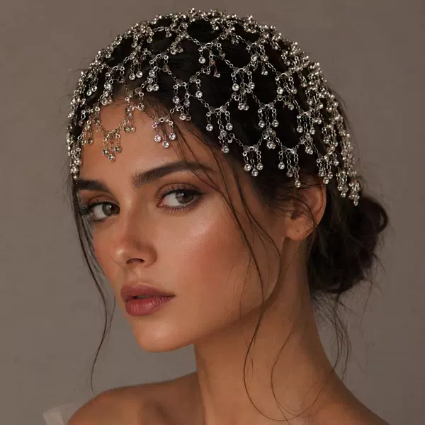 European and American Exaggerated Tassel Mesh Rhinestone Hair Accessories, Bridal Wedding Accessories, Fashionable Full Rhinestone Hair Hat, Stage Performance Hair Accessories