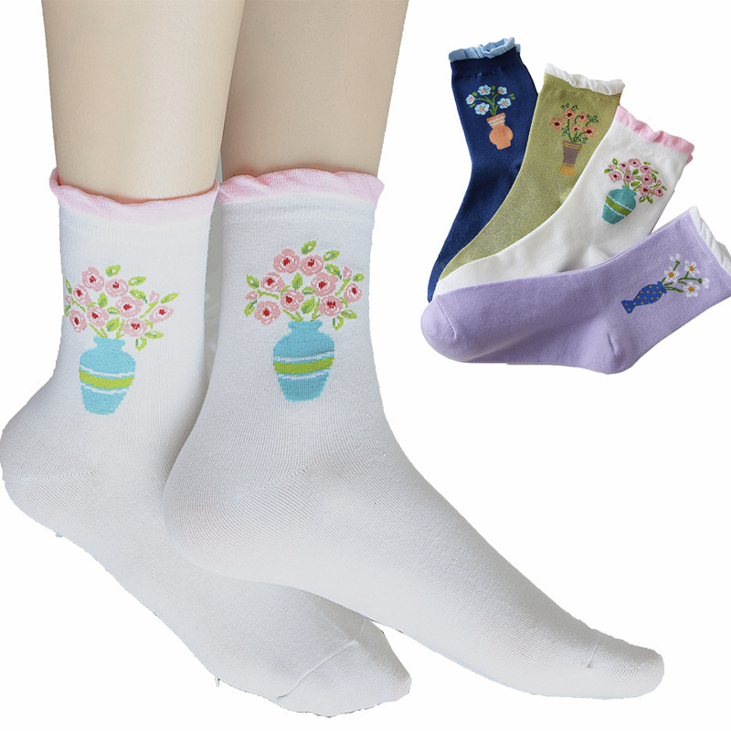 2024 Amazon New Autumn and Winter Socks Cute Cartoon Vase Flower Mid-tube Women Socks Ins Creative Socks