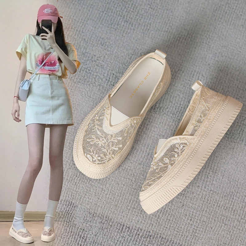 Giày lười nữ đế dày mũi vuông chất liệu ren thoáng khí — M678 Xanh xám