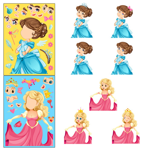 Cross-border 6 sheets per pack Fairy Princess Face Change Puzzle Sticker Princess Face Change Make a Face Puzzle Sticker