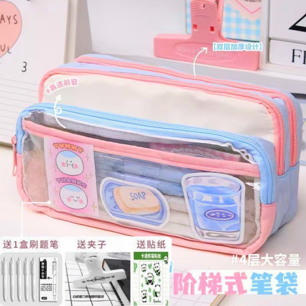 Tamaño a juego de color o00 estuche para lápices bolsa de papelería transparente de gran capacidad bolsa de papelería multifuncional creativa ins japonés de alto valor