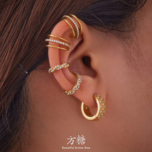 方糖欧美复古无耳洞小众耳骨夹钛钢镀18k金色镶锆石耳扣耳饰批发