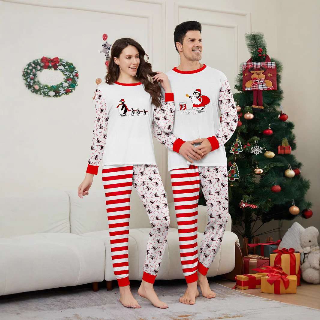 Kerst Pinguïn Candy Cane gestreepte Kerst Familie pak bedrukte homewear pyjama_voghion.com