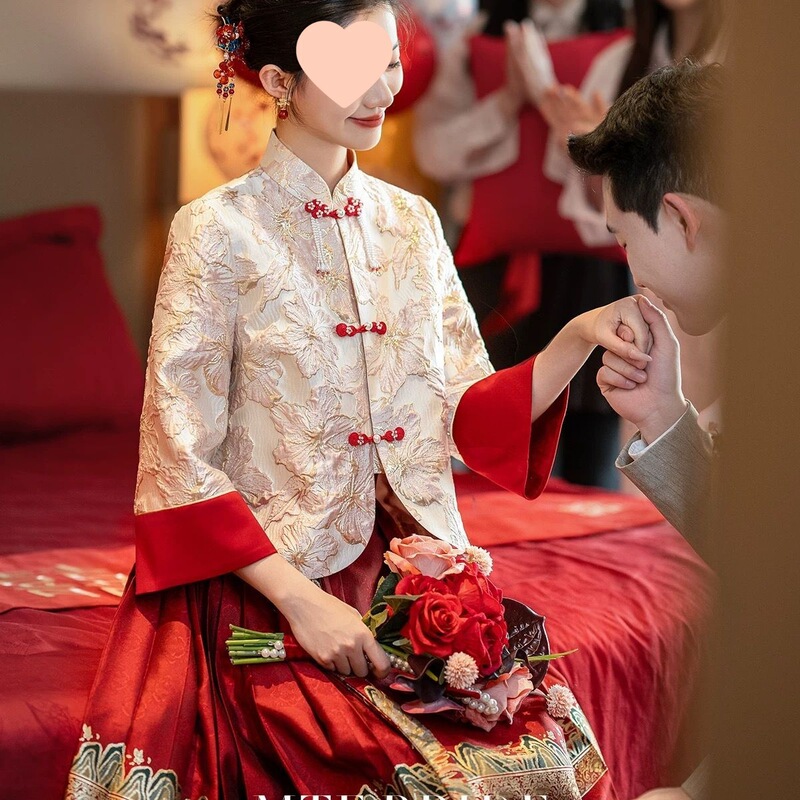 Traditional Chinese Style Women's Top and Skirt Set for Weddings and Engagements