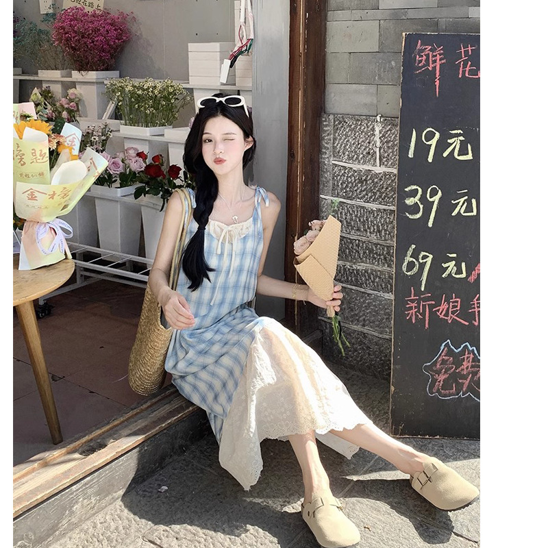 summer new gentle fresh plaid slimming false two-piece sling dress women‘s niche design dress