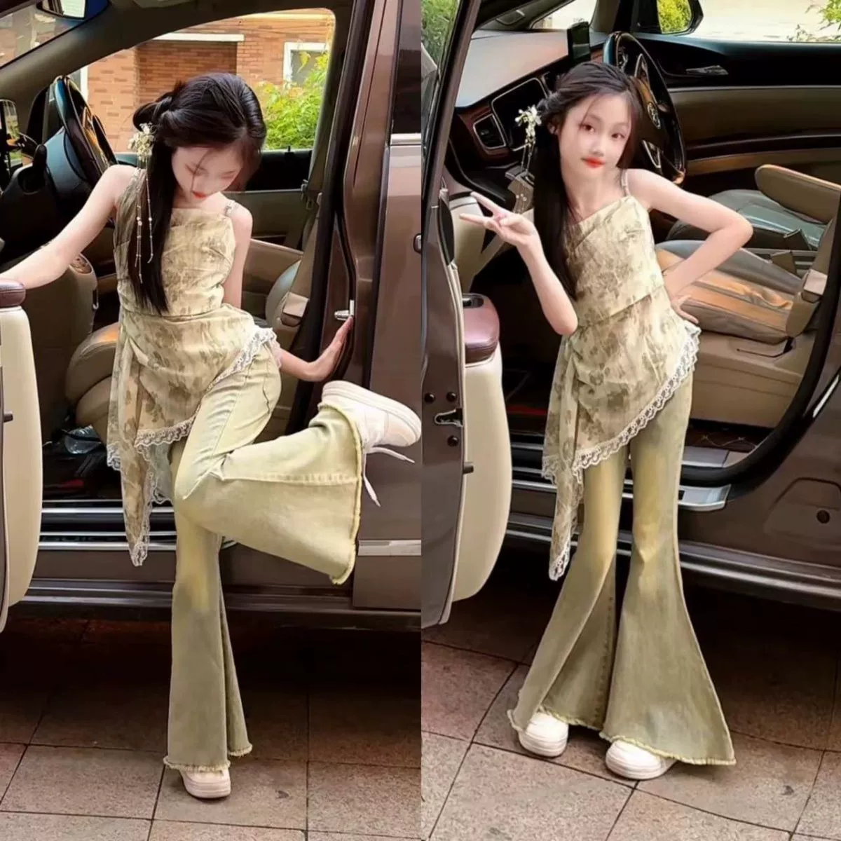 Летний наряд для девочек, новинка 2024 года, модные джинсовые расклешенные брюки с ремешками интернет-знаменитостей, модный комплект из двух предметов