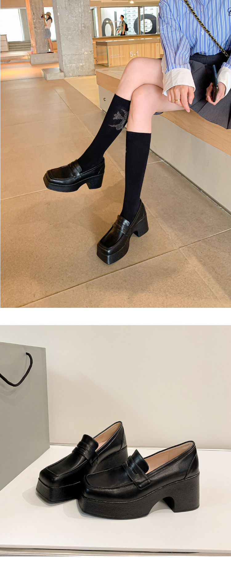 Giày loafer nữ đế xuồng cao gót phong cách Anh, mũi tròn, da thật, xỏ chân tiện lợi — màu đen chi tiết 11